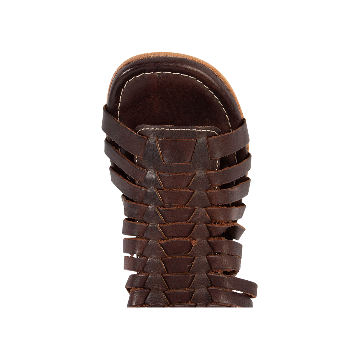 Top view showing an open toe construction with woven front leather detailing on FREEBIRD women's Luna brown leather sandal