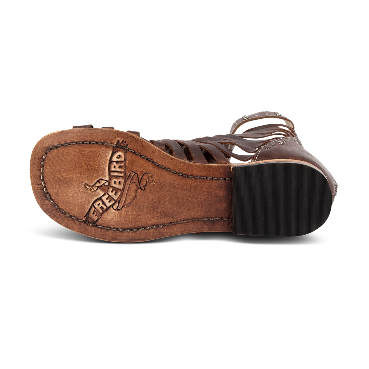 Leather sole imprinted with FREEBIRD on women's Luna brown leather sandal