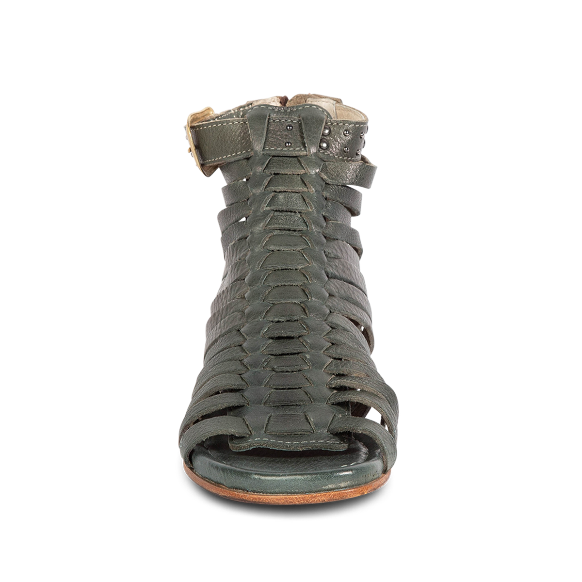 Front view showing FREEBIRD women's Luna teal leather sandal with a gladiator silhouette, adjustable brass buckle and woven front detailing