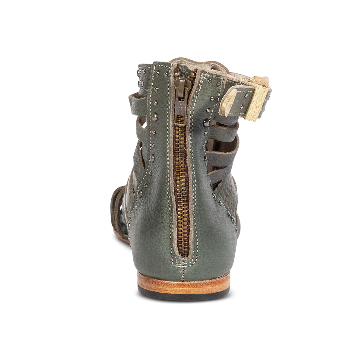 Back view showing a working brass zipper on FREEBIRD women's Luna teal leather low heel sandal