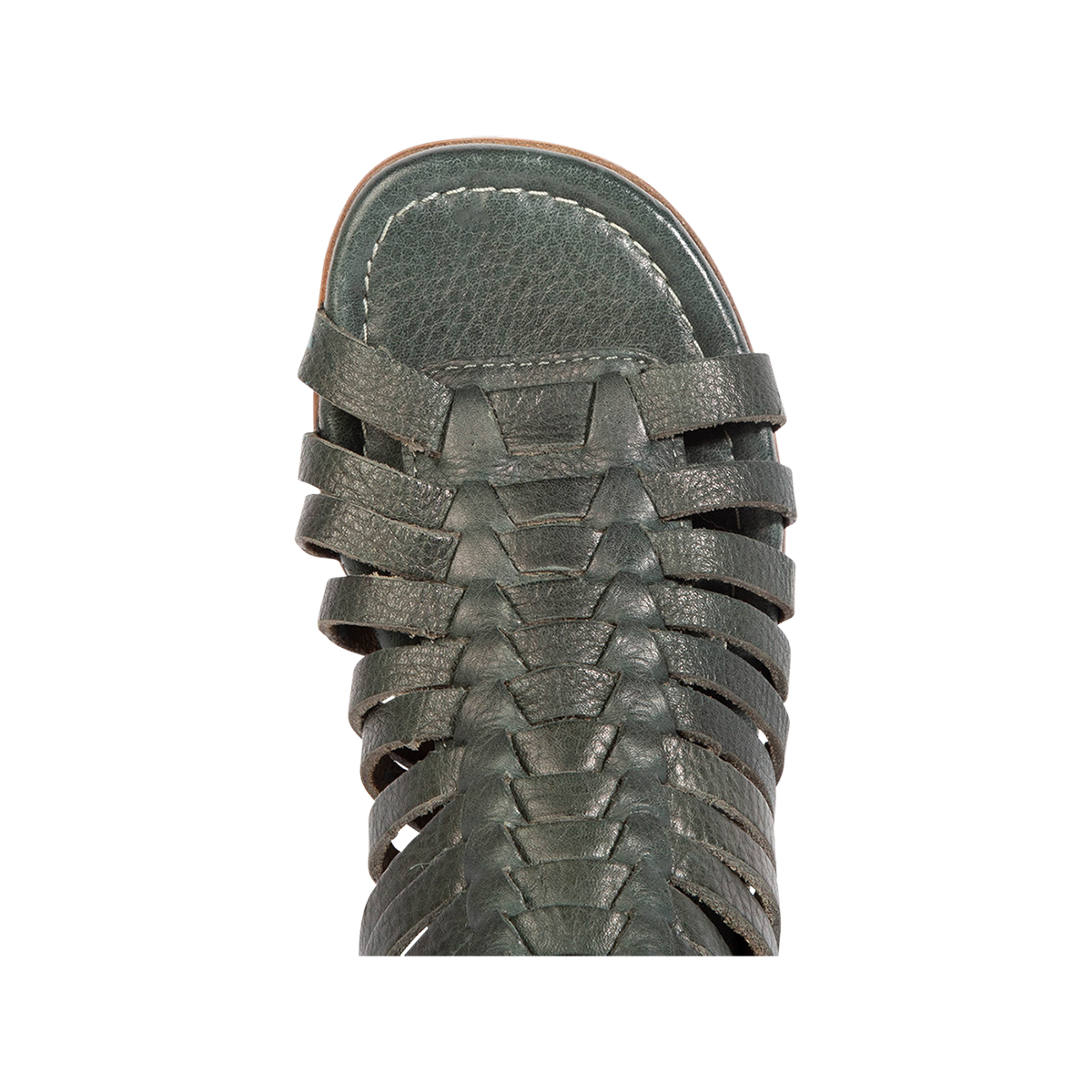 Top view showing an open toe construction with woven front leather detailing on FREEBIRD women's Luna teal leather sandal
