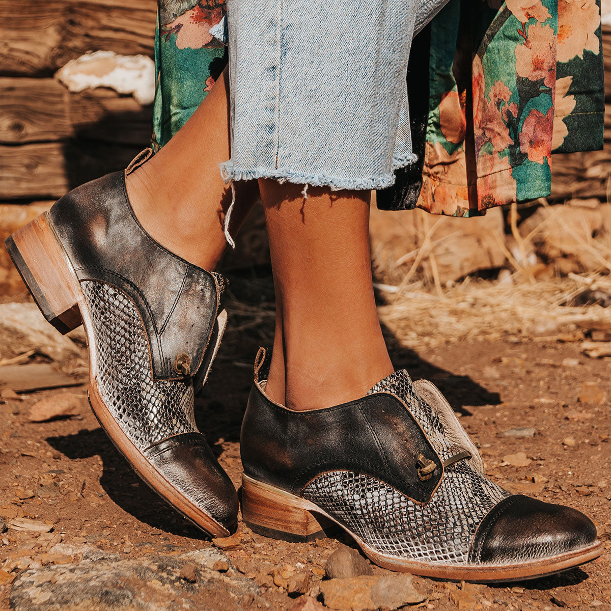 FREEBIRD women's Mabel black multi low heel slip on oxford