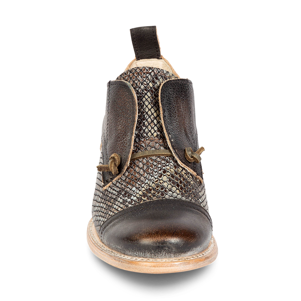 Front view showing decorative knotted leather lace and hidden elastic around tongue on FREEBIRD women's Mabel black multi shoe