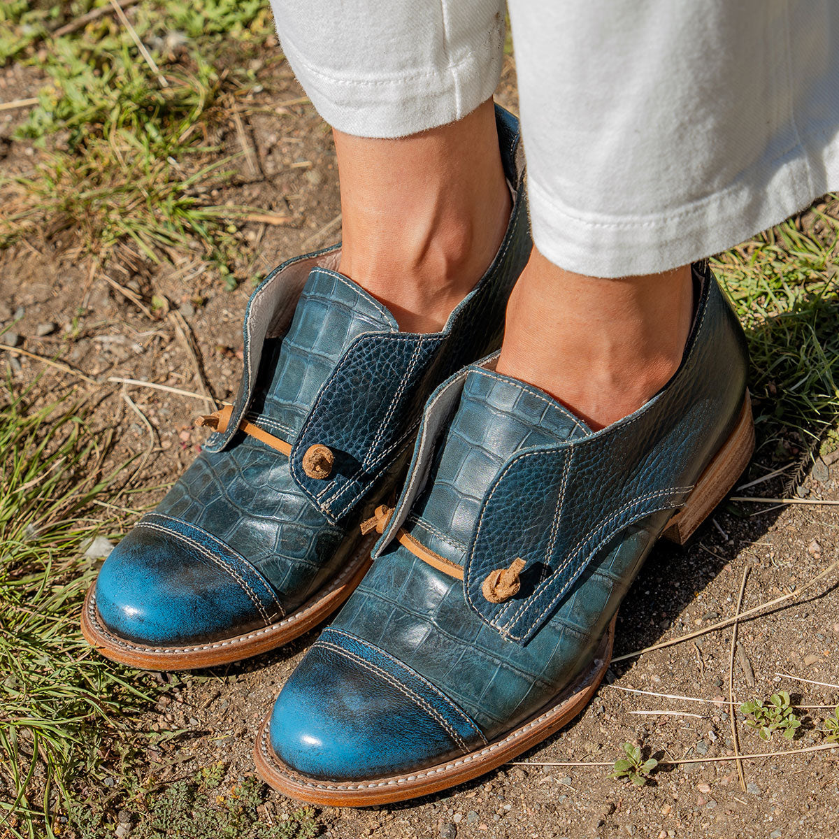 MABEL blue multi leather oxford shoes with decorative knotted laces, low block heel and embossed leather  