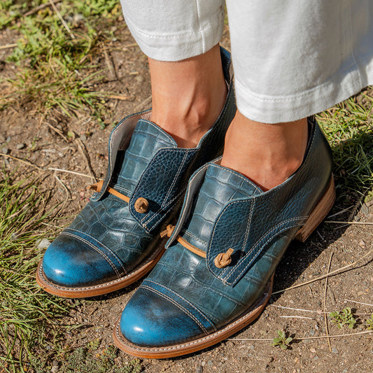 MABEL blue multi leather oxford shoes with decorative knotted laces, low block heel and embossed leather  