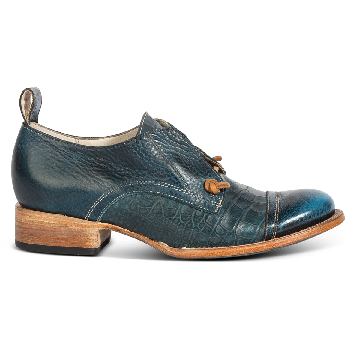 MABEL blue multi leather oxford shoes with decorative knotted laces, low block heel and embossed leather  