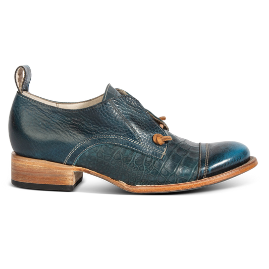 MABEL blue multi leather oxford shoes with decorative knotted laces, low block heel and embossed leather  