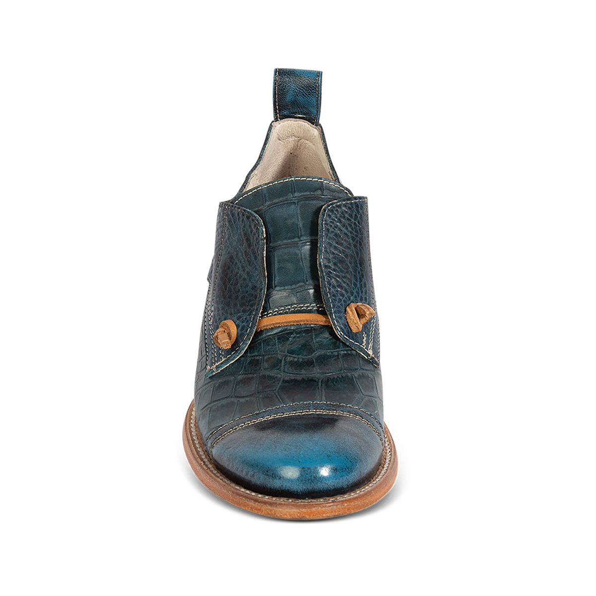 Front view showing MABEL blue multi leather oxford shoes with decorative knotted laces and embossed leather  