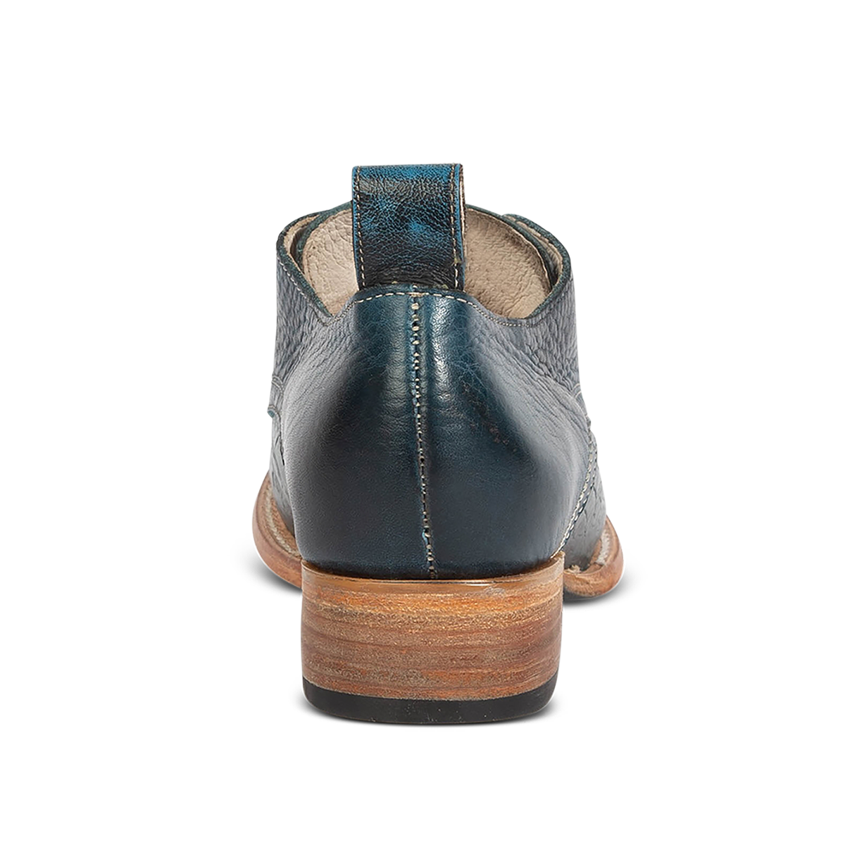 Back view showing a lifted heel on FREEBIRD womne's Mabel blue multi leather bootie 