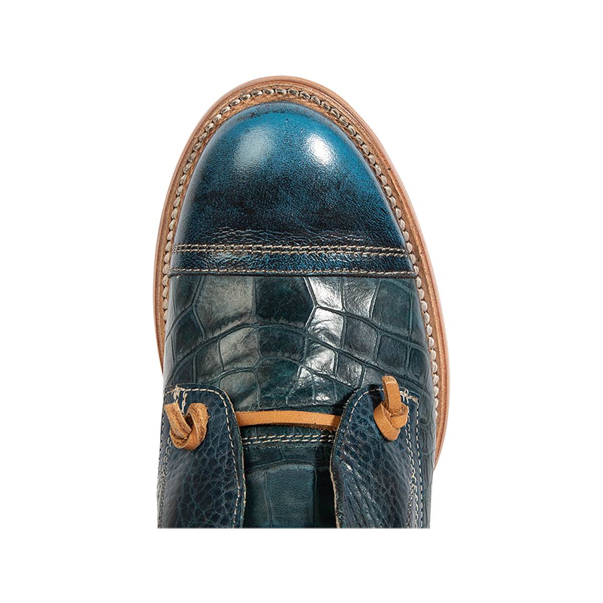 Top view showing almond toe and decorative knotted leather lace on FREEBIRD women's Mabel blue multi shoe
