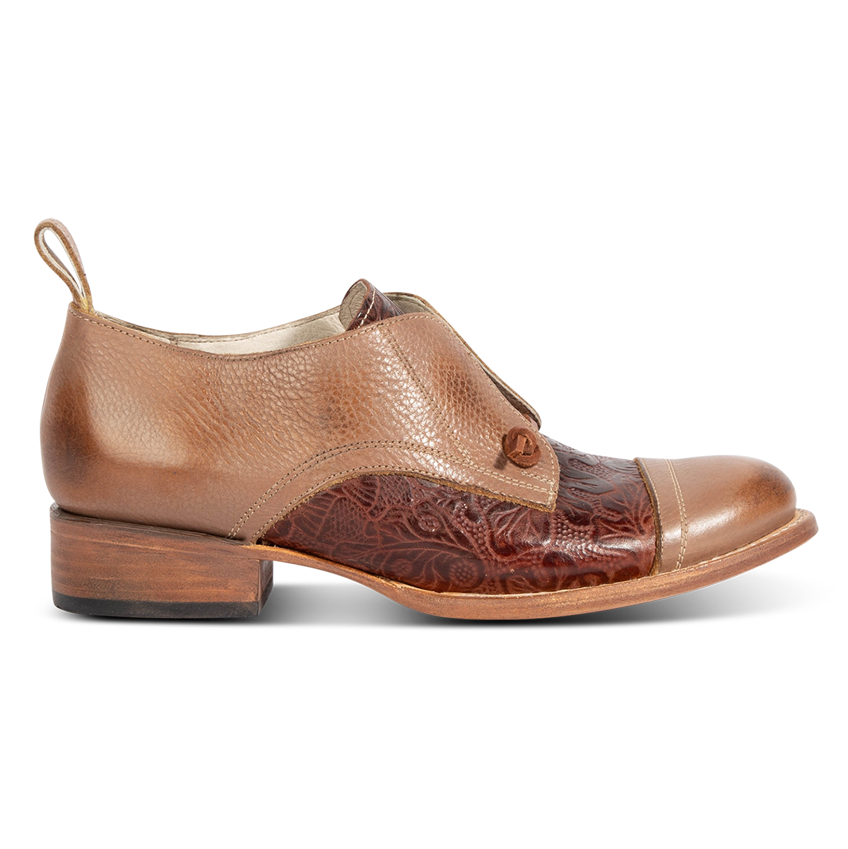 MABEL clay multi leather oxford shoes with decorative knotted laces, low block heel and embossed leather  