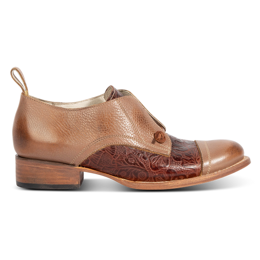 MABEL clay multi leather oxford shoes with decorative knotted laces, low block heel and embossed leather  