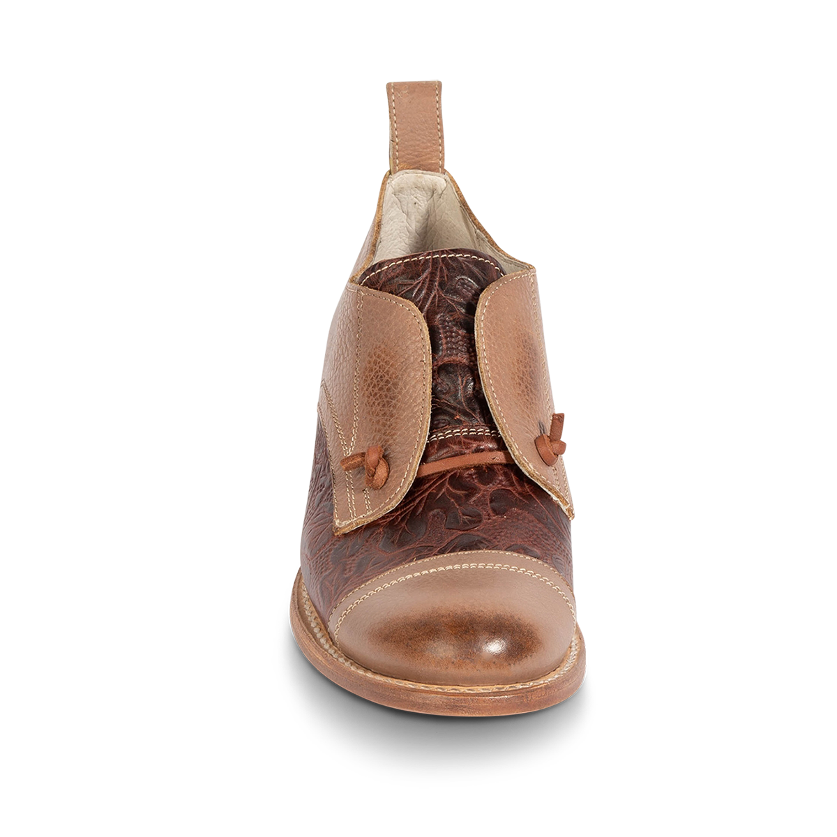 Front view showing MABEL clay multi leather oxford shoes with decorative knotted laces and embossed leather  