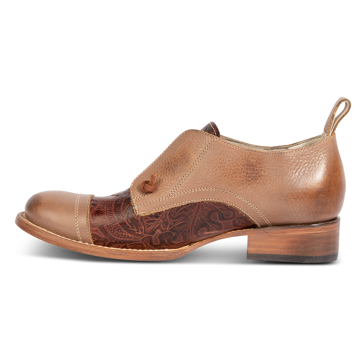 Inside view showing stitch detailing and low heel on FREEBIRD women's Mabel clay multi shoe
