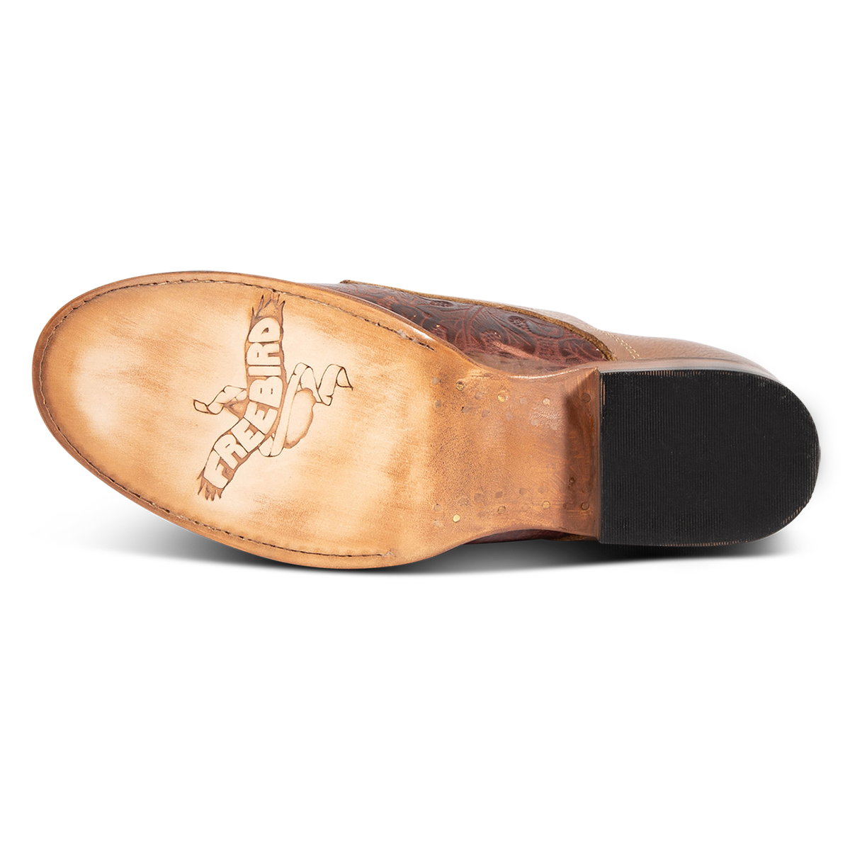 Leather sole imprinted with FREEBIRD on Mabel clay multi womens oxford shoe