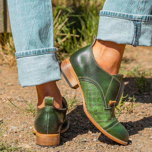 MABEL green multi leather oxford shoes with decorative knotted laces, low block heel and embossed leather  