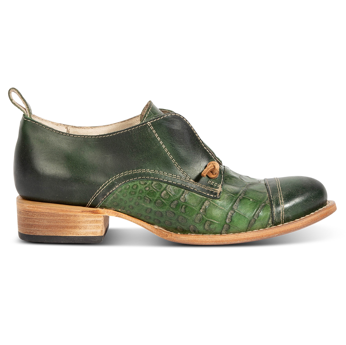 MABEL green multi leather oxford shoes with decorative knotted laces, low block heel and embossed leather  
