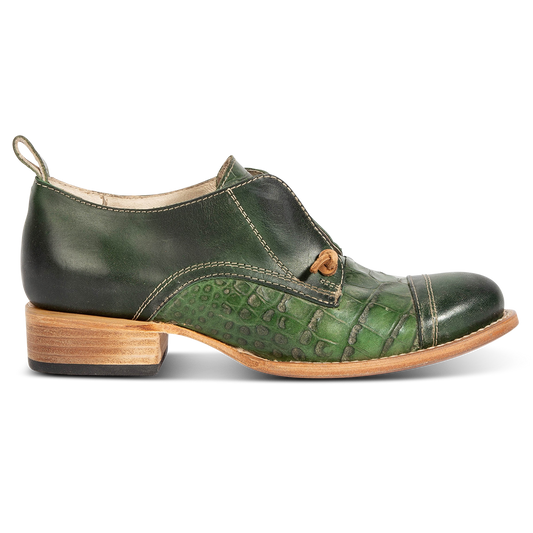 MABEL green multi leather oxford shoes with decorative knotted laces, low block heel and embossed leather  