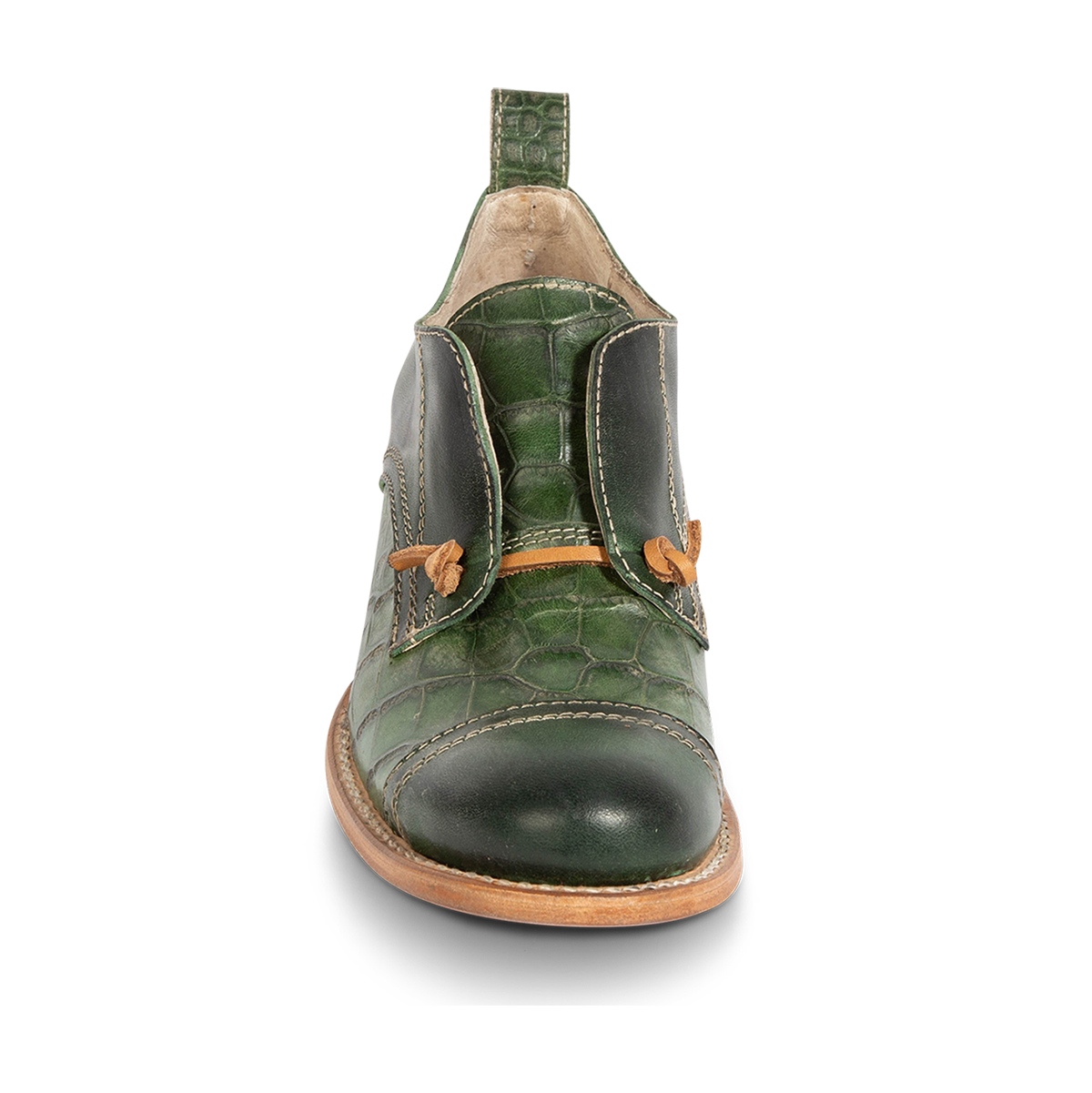 Front view showing MABEL green multi leather oxford shoes with decorative knotted laces and embossed leather  