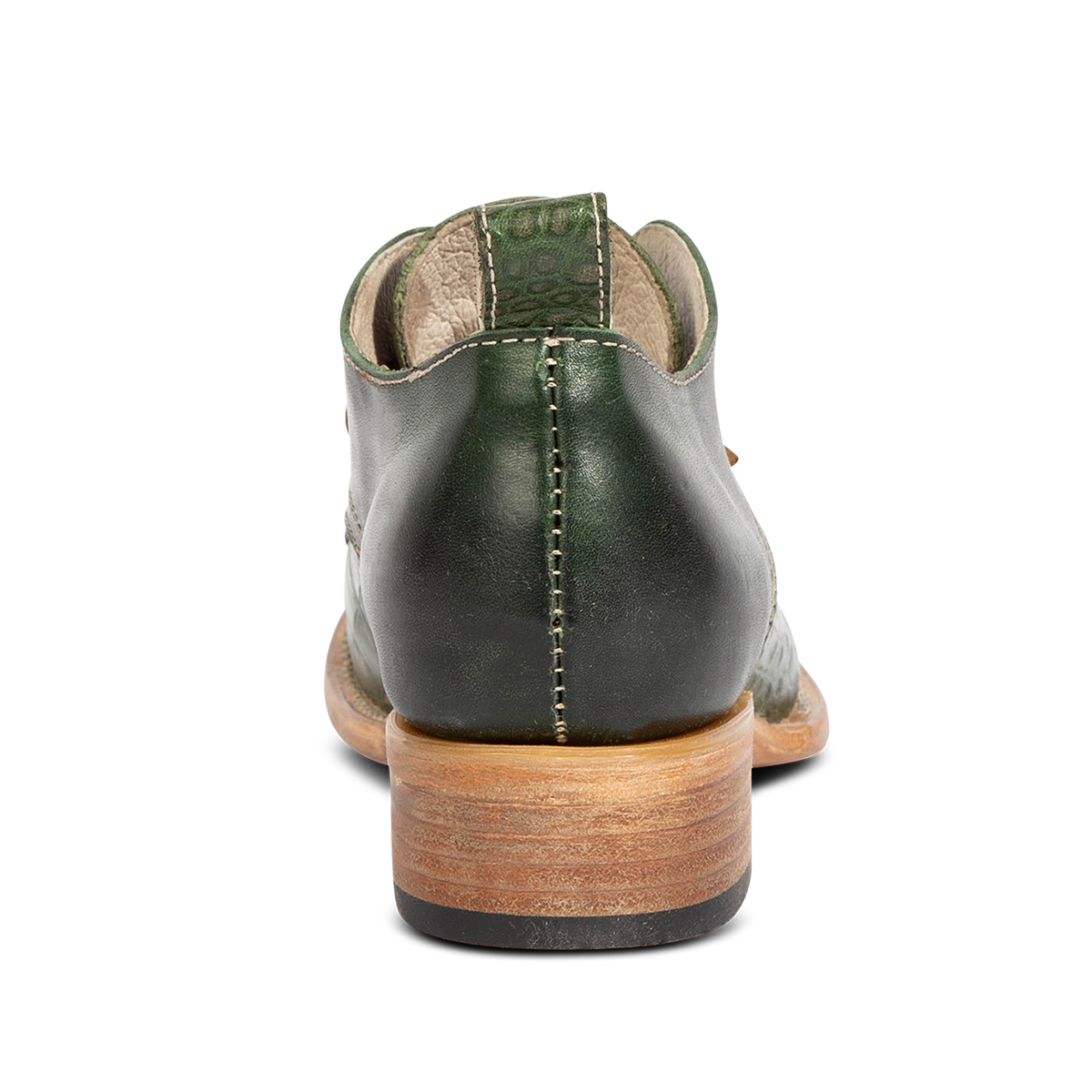 Back view showing leather pull tab on FREEBIRD women's Mabel green multi shoe