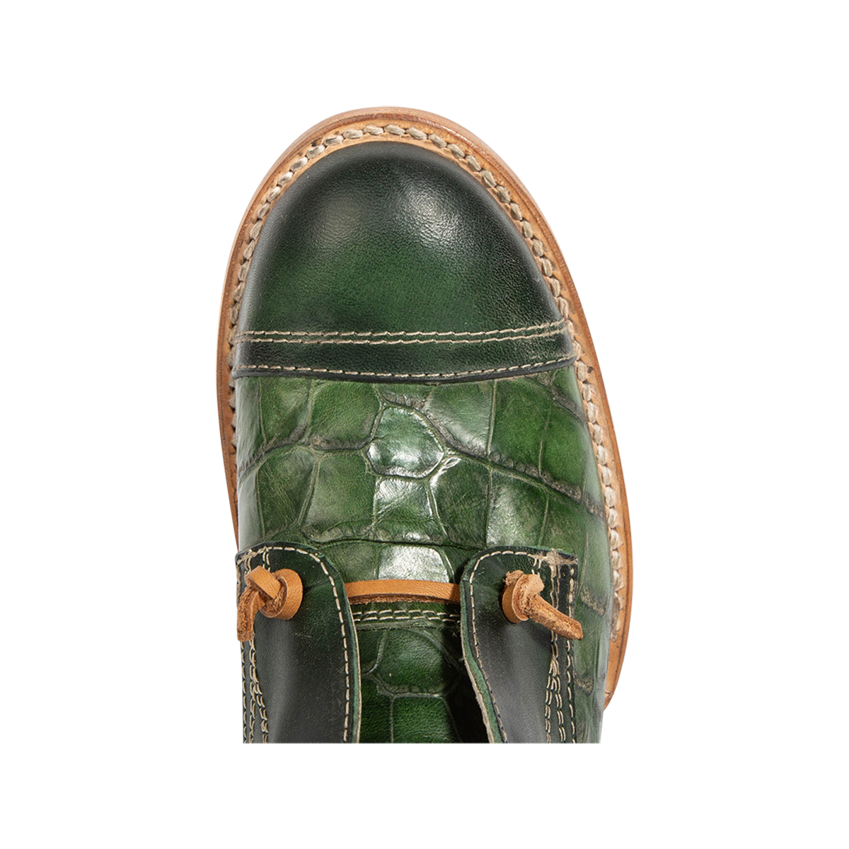 Top view showing almond toe and decorative knotted leather lace on FREEBIRD women's Mabel green multi shoe