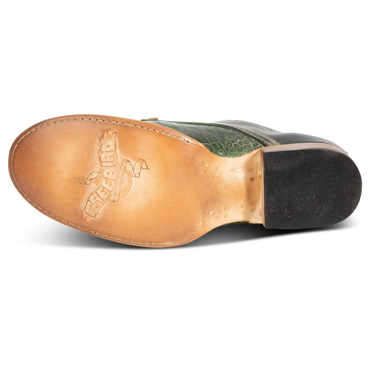Leather sole imprinted with FREEBIRD on Mabel green multi womens oxford shoe