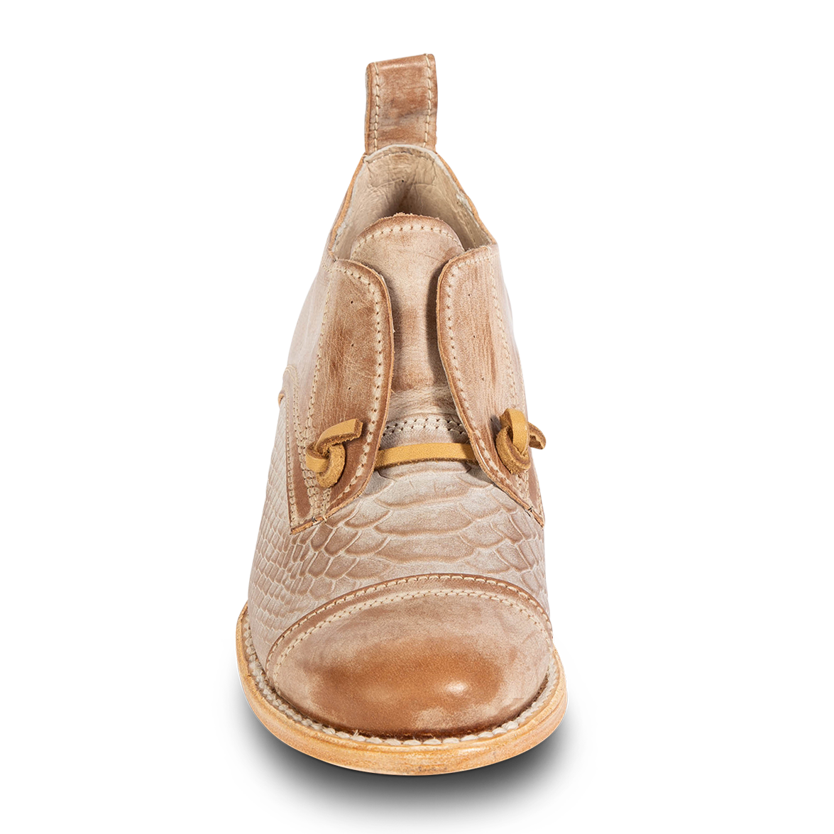 Front view showing decorative knotted leather lace and hidden elastic around tongue on FREEBIRD women's Mabel taupe multi shoe