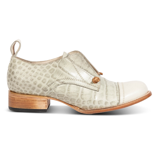 MABEL white multi leather oxford shoes with decorative knotted laces, low block heel and embossed leather  