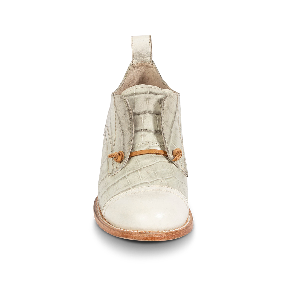 Front view showing MABEL white multi leather oxford shoes with decorative knotted laces and embossed leather  