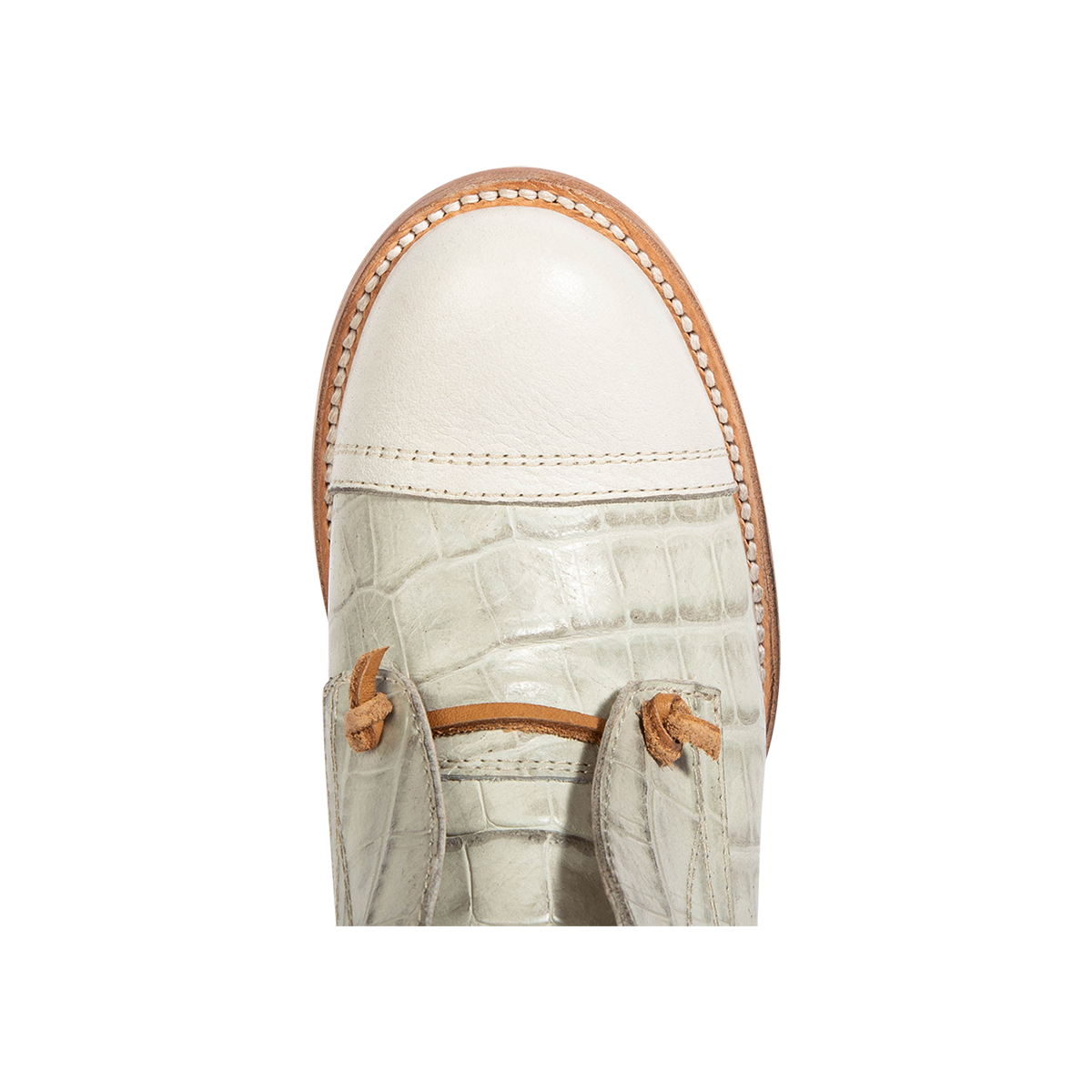MABEL white multi leather oxford shoes featuring a two-tone silhouette, decorative knotted laces, and a low heel.