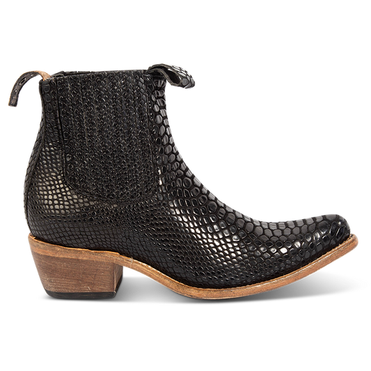 FREEBIRD women's Maeve black snake embossed leather slip on bootie with leather pull tabs, gore detailing and snip toe construction