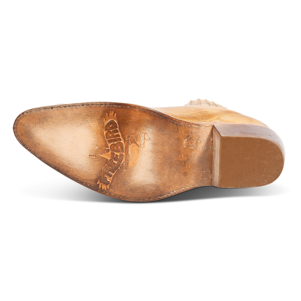 Leather sole imprinted with Freebird on women's Maeve natural slip on leather bootie