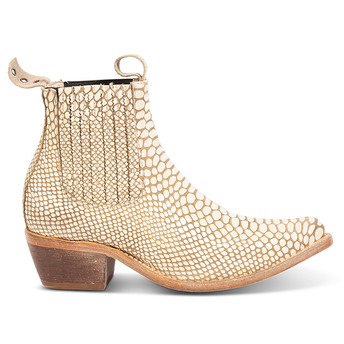 FREEBIRD women's Maeve embossed white snake leather bootie with pull tabs, gore detailing and a block heel