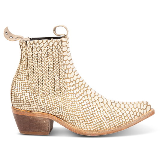 FREEBIRD women's Maeve embossed white snake leather bootie with pull tabs, gore detailing and a block heel