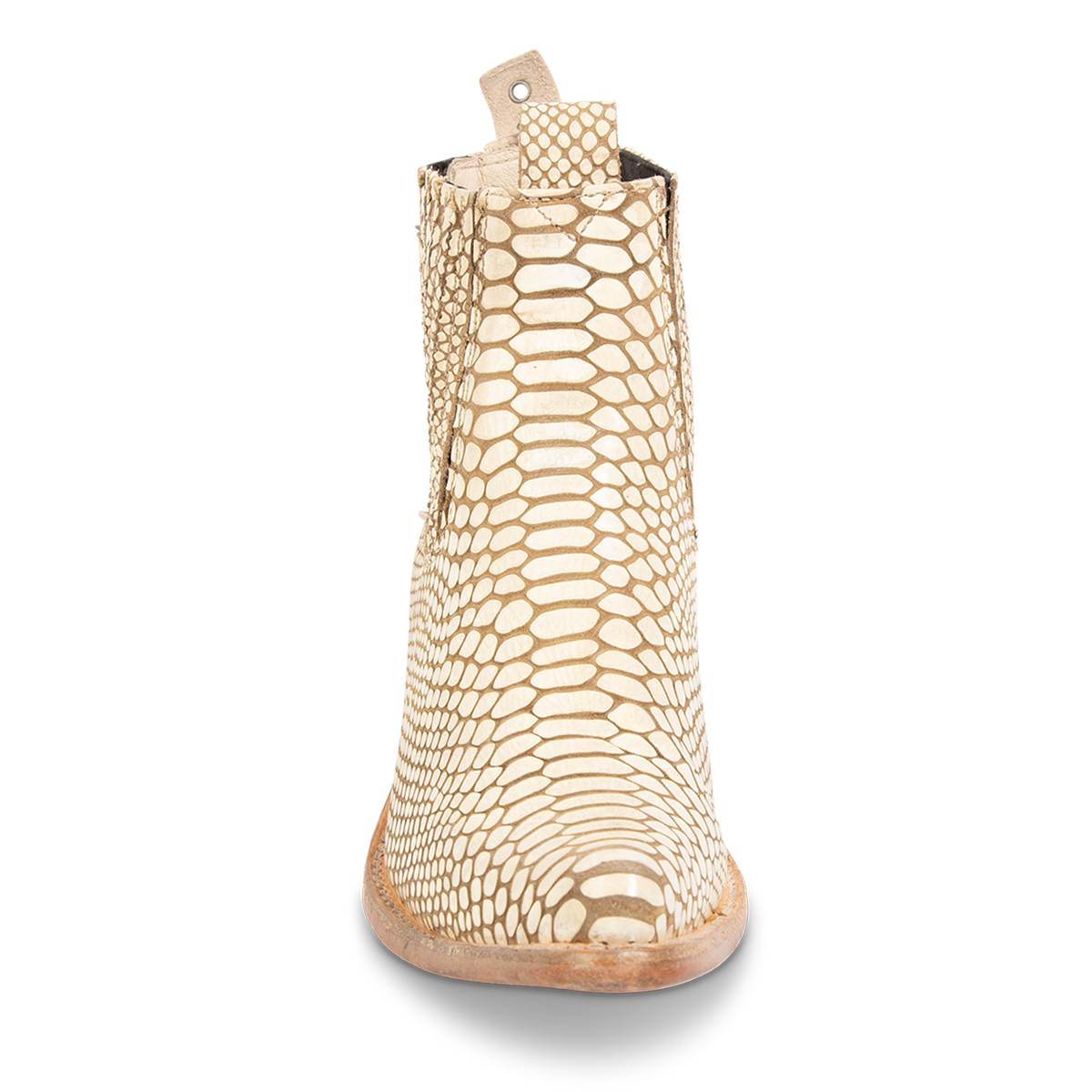 Front view showing FREEBIRD women's Maeve embossed white snake leather bootie with pull tabs, gore detailing and a block heel