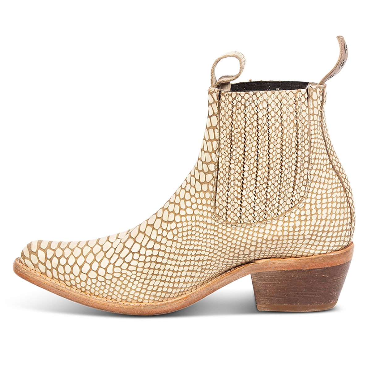Inside view showing FREEBIRD women's Maeve embossed white snake leather bootie with pull tabs, gore detailing and a block heel
