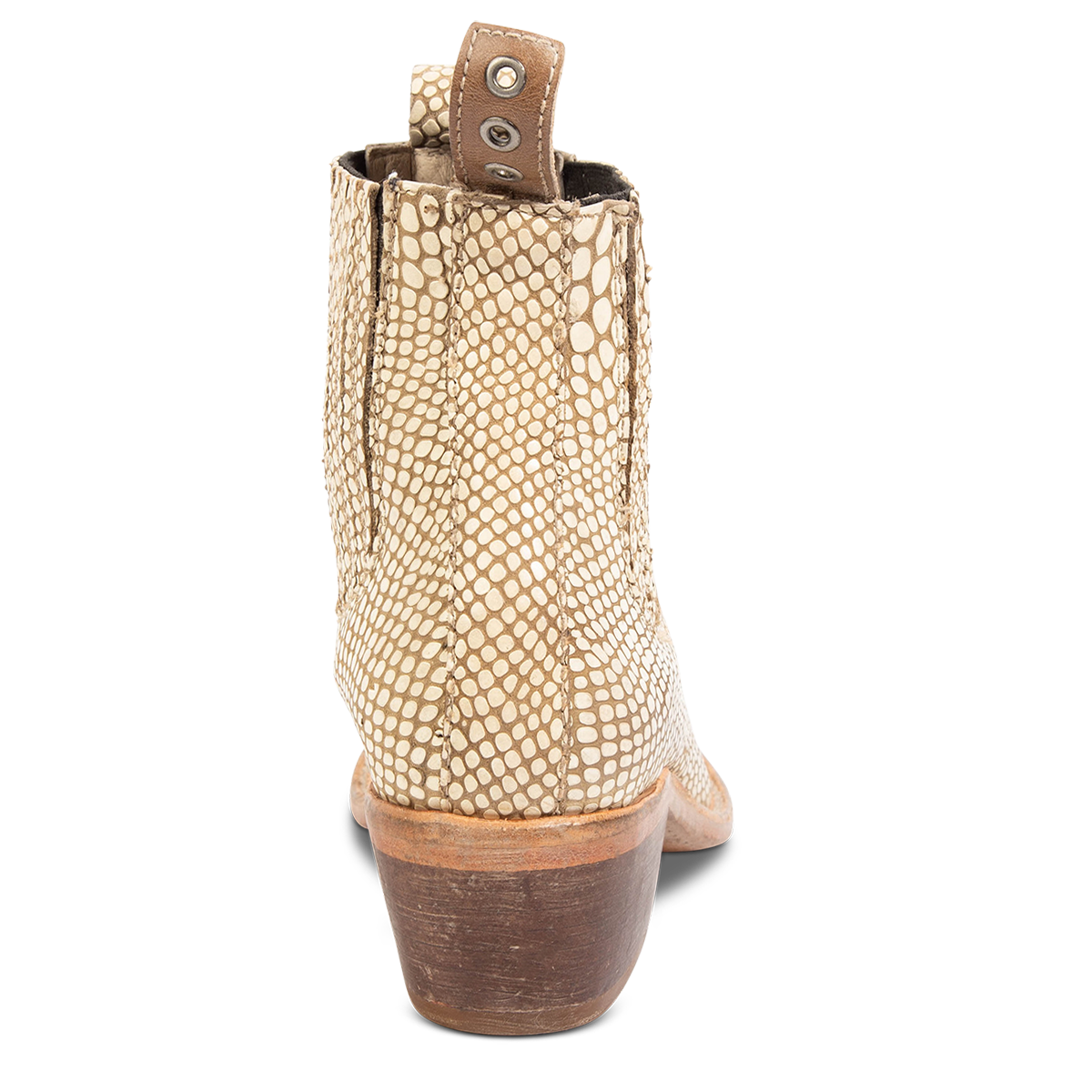 Back view showing FREEBIRD women's Maeve white snake leather slip on bootie with leather pull tabs, gore detailing and mid size heel