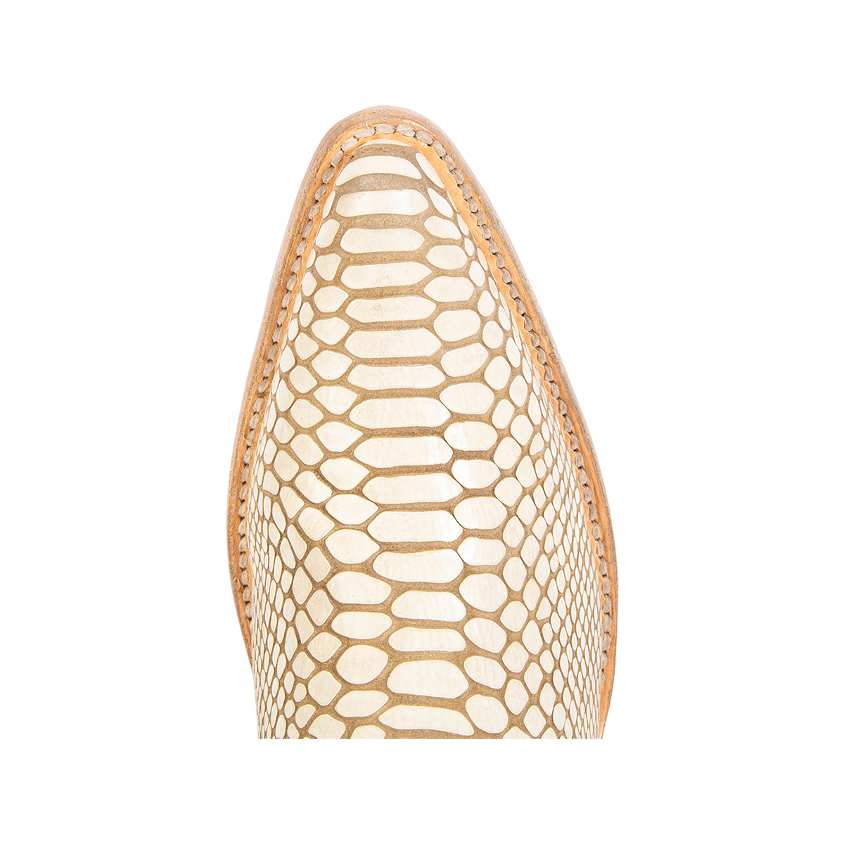 Top view showing snip toe construction on Freebird women's Maeve white snake slip on bootie