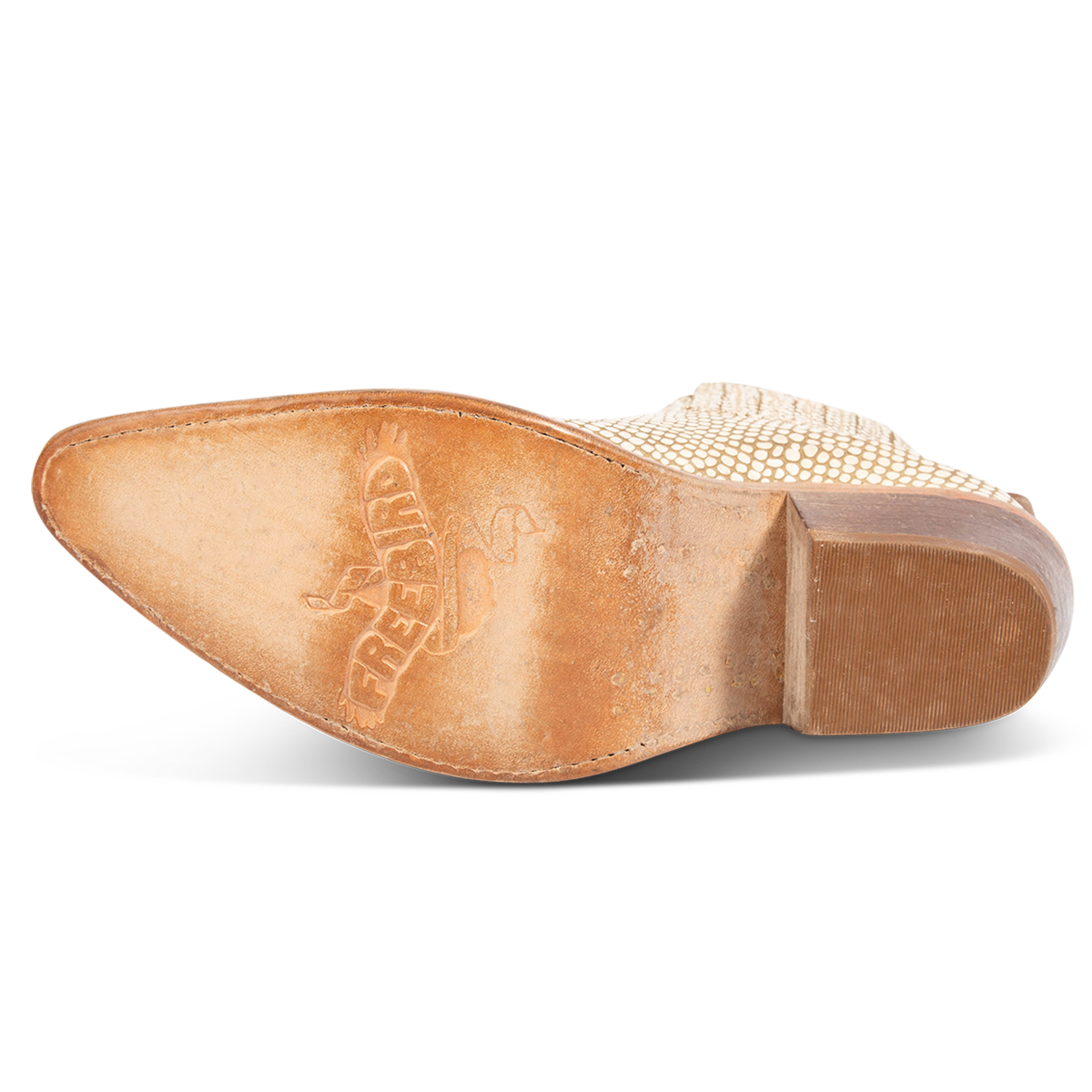 Leather sole imprinted with Freebird on women's Maeve white snake slip on leather bootie