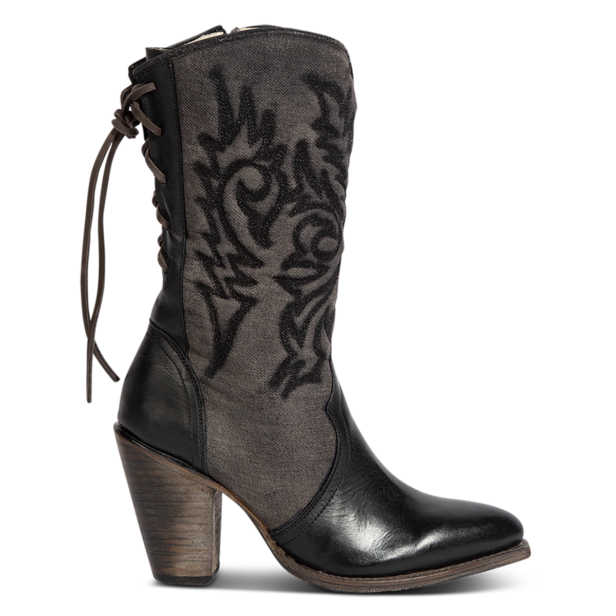 FREEBIRD women's Magnolia black denim and leather boot with mono shaft stitching, back panel lacing and a curved pointed toe silhouette 