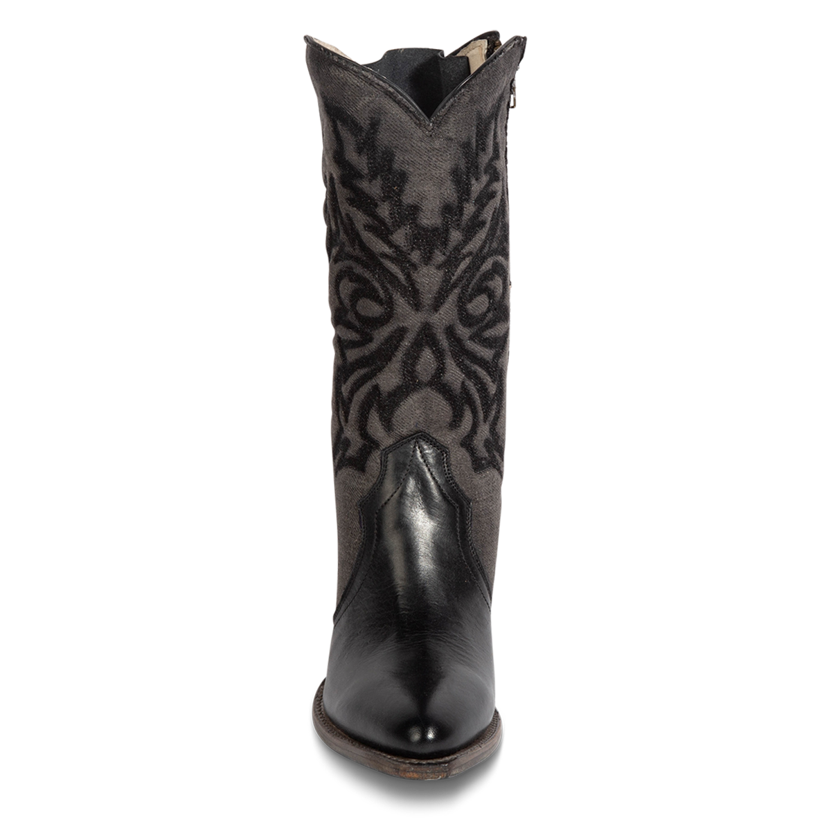 Front view showing FREEBIRD women's Magnolia black denim and leather boot with mono shaft stitching and a curved pointed toe silhouette  