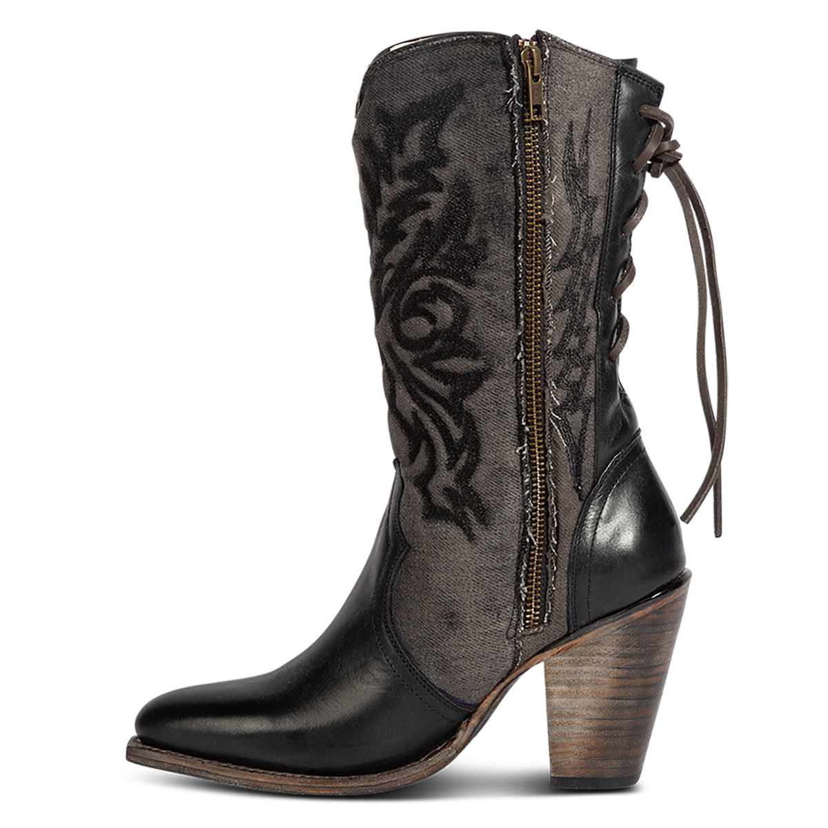 Inside view showing FREEBIRD women's Magnolia black denim and leather boot with mono shaft stitching, an inside working brass zipper and inverted heel