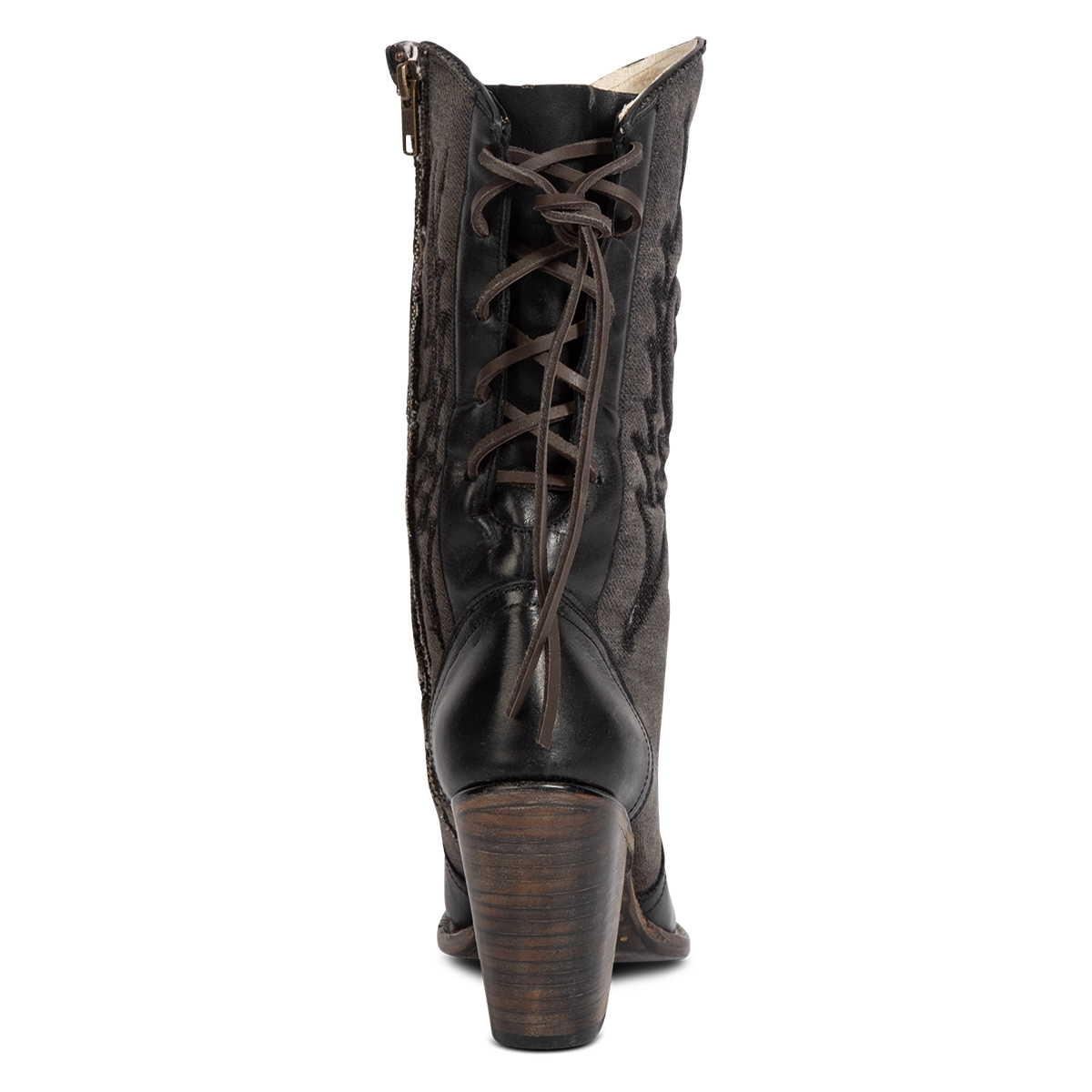 Back view showing FREEBIRD women's Magnolia black denim and leather boot with back panel lacing and a inverted heel