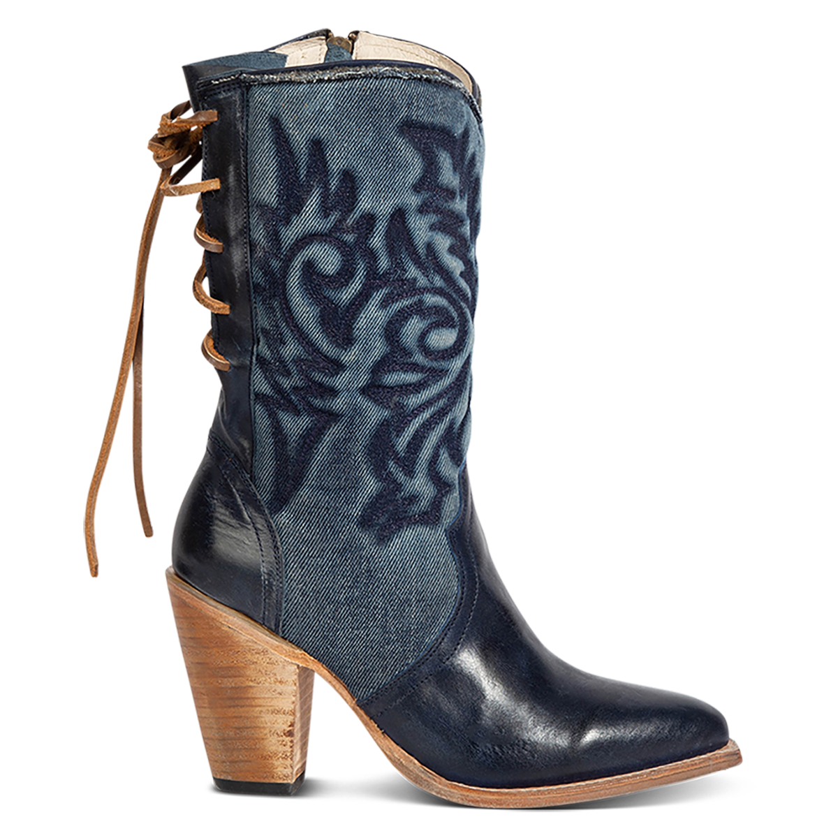 FREEBIRD women's Magnolia blue denim and leather boot with mono shaft stitching, back panel lacing and a curved pointed toe silhouette 
