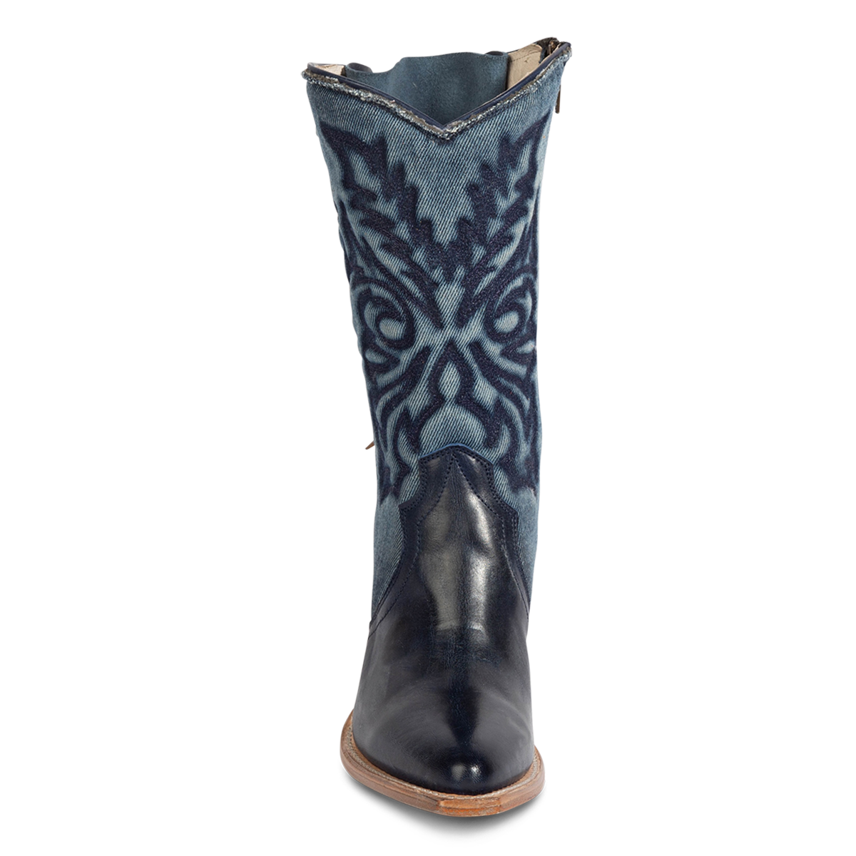 Front view showing FREEBIRD women's Magnolia blue denim and leather boot with mono shaft stitching and a curved pointed toe silhouette  