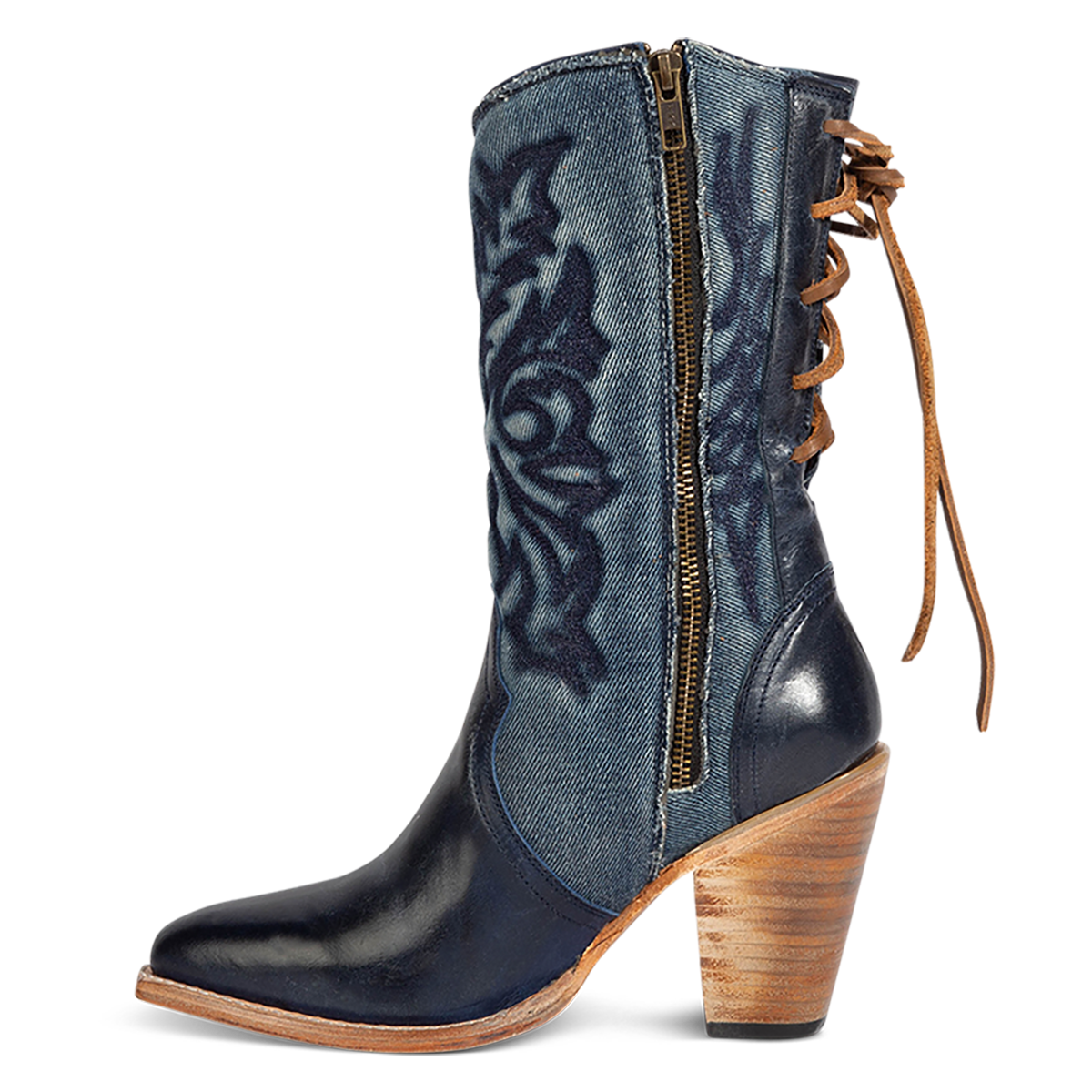 Inside view showing FREEBIRD women's Magnolia blue denim and leather boot with mono shaft stitching, an inside working brass zipper and inverted heel