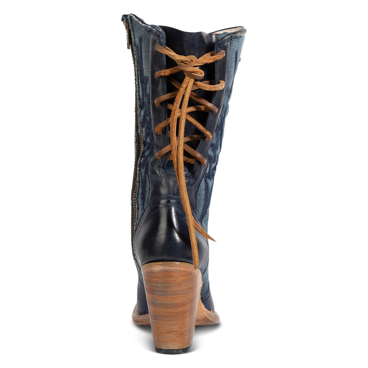 Back view showing FREEBIRD women's Magnolia blue denim and leather boot with back panel lacing and a inverted heel