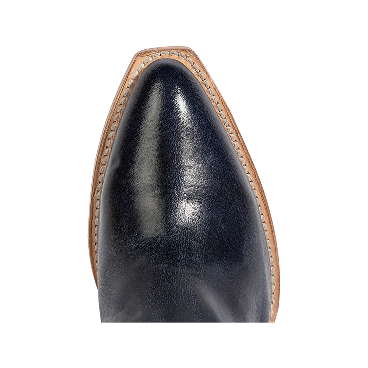 Top view showing a curved pointed toe silhouette on FREEBIRD women's Magnolia blue denim and leather boot