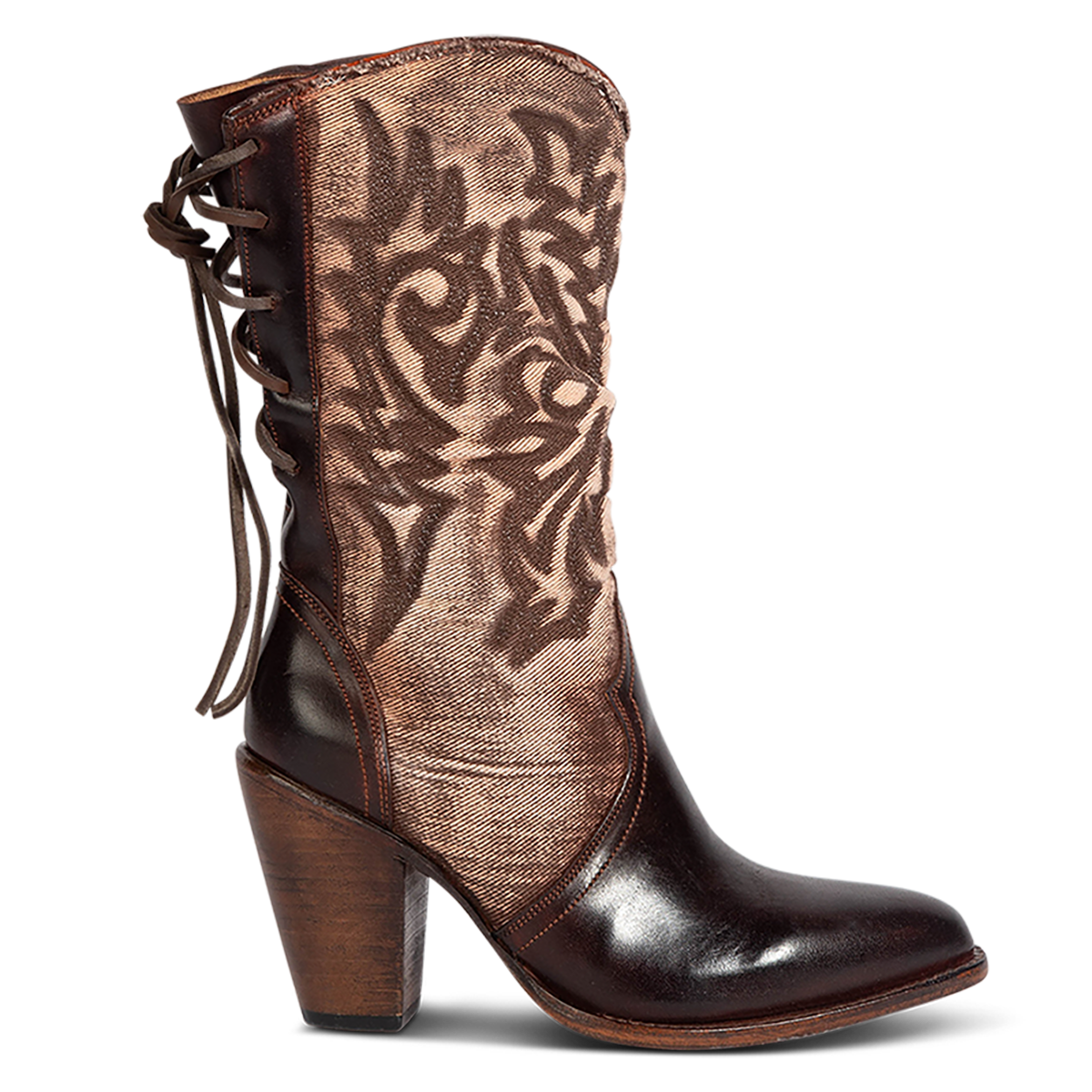 FREEBIRD women's Magnolia brown denim and leather boot with mono shaft stitching, back panel lacing and a curved pointed toe silhouette 