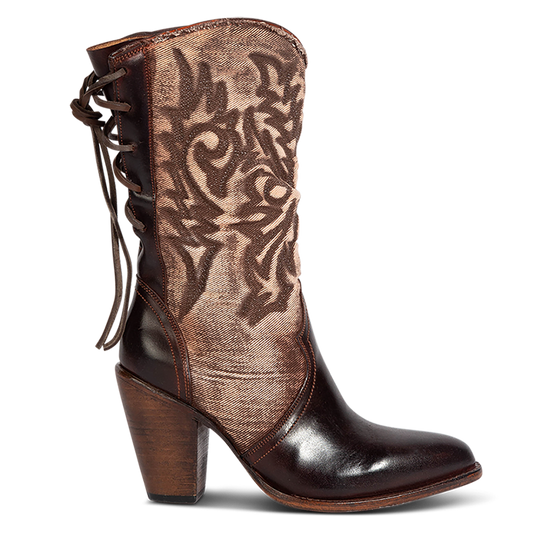 FREEBIRD women's Magnolia brown denim and leather boot with mono shaft stitching, back panel lacing and a curved pointed toe silhouette 